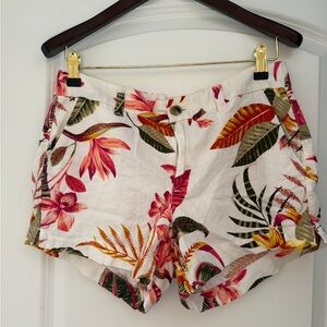 Old Navy White High-Rise Linen-Blend Shorts with Pink & Green Tropical Print